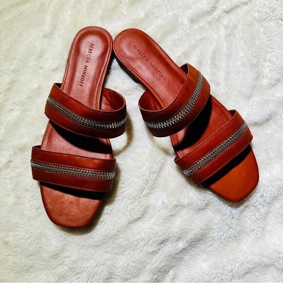 Rebecca Minkoff Size 8.5M Marciann Zipper Leather Mules Slides Neutral Coastal - Picture 3 of 10